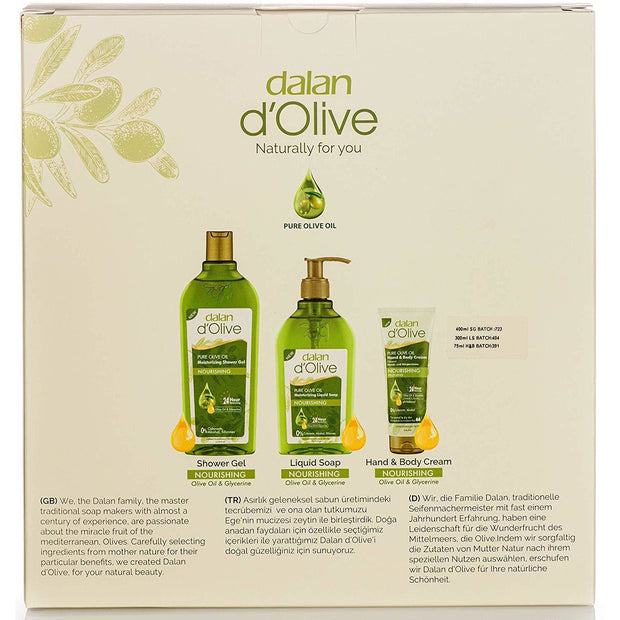 Dalan d'Olive Flüssigseife, Duschgel und Bodylotion im Geschenkset verpackt von hinten