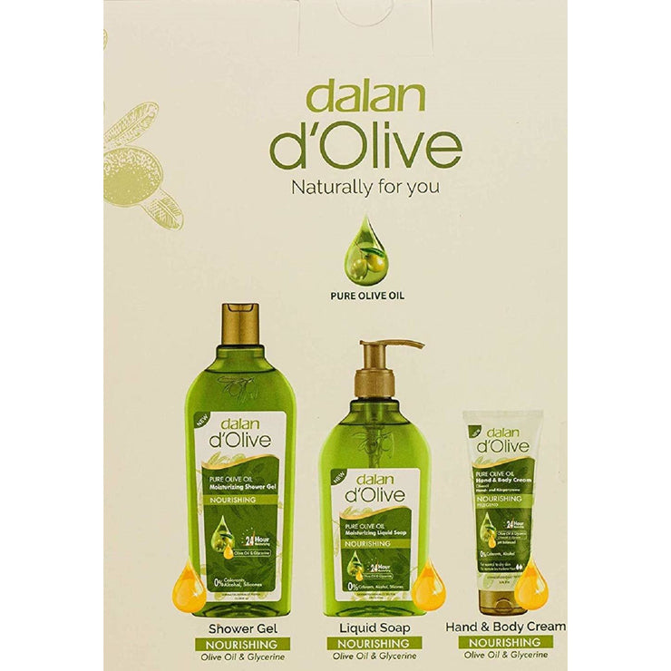 Dalan d'Olive Flüssigseife, Duschgel und Bodylotion im Geschenkset verpackt schräg von hinten