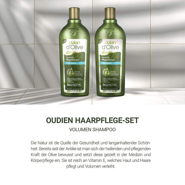 Zwei Flaschen Dalan d'Olive Volumen Shampoo nebeneinander von vorne