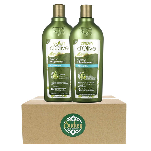 Zwei Flaschen Dalan d'Olive Volumen Shampoo 2 auf einem Oudien Karton von vorne