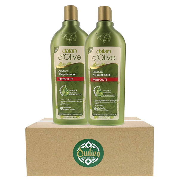 Zwei Flaschen Dalan d'Olive Farbschutz Shampoo auf einem Oudien Karton