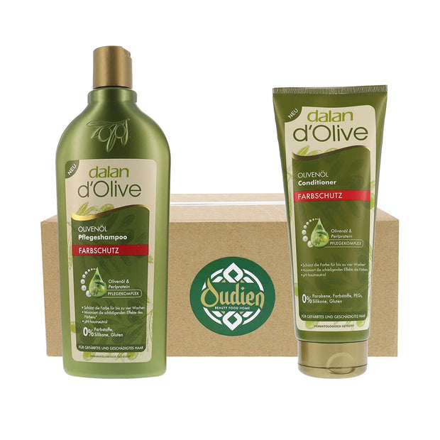 Dalan d'Olive Set Farbschutz Shampoo mit Conditioner vor einem Oudien Karton