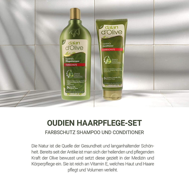 Dalan d'Olive Set Farbschutz Shampoo mit Conditioner nebeneinander von vorne