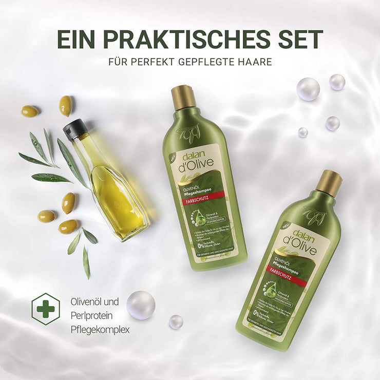 Zwei Falschen Dalan d'Olive Farbschutz Shampoo neben Oliven und einer Olivenflasche