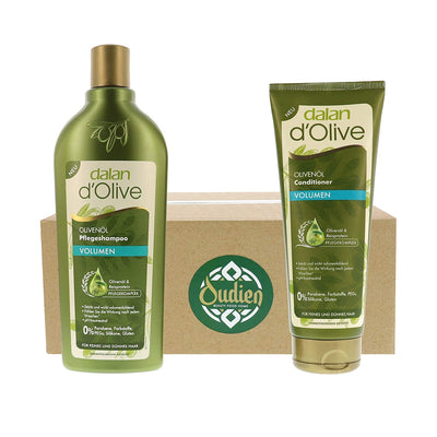 Dalan d'Olive Volumen Shampoo und Conditioner vor einem Oudien Karton