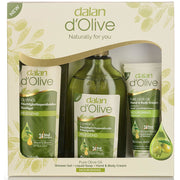 Dalan d'Olive Flüssigseife, Duschgel und Bodylotion im Geschenkset verpackt von vorne